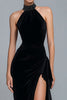 Load image into Gallery viewer, Simple Black Halter Beaded Sheath Long Formal Dress with Slit