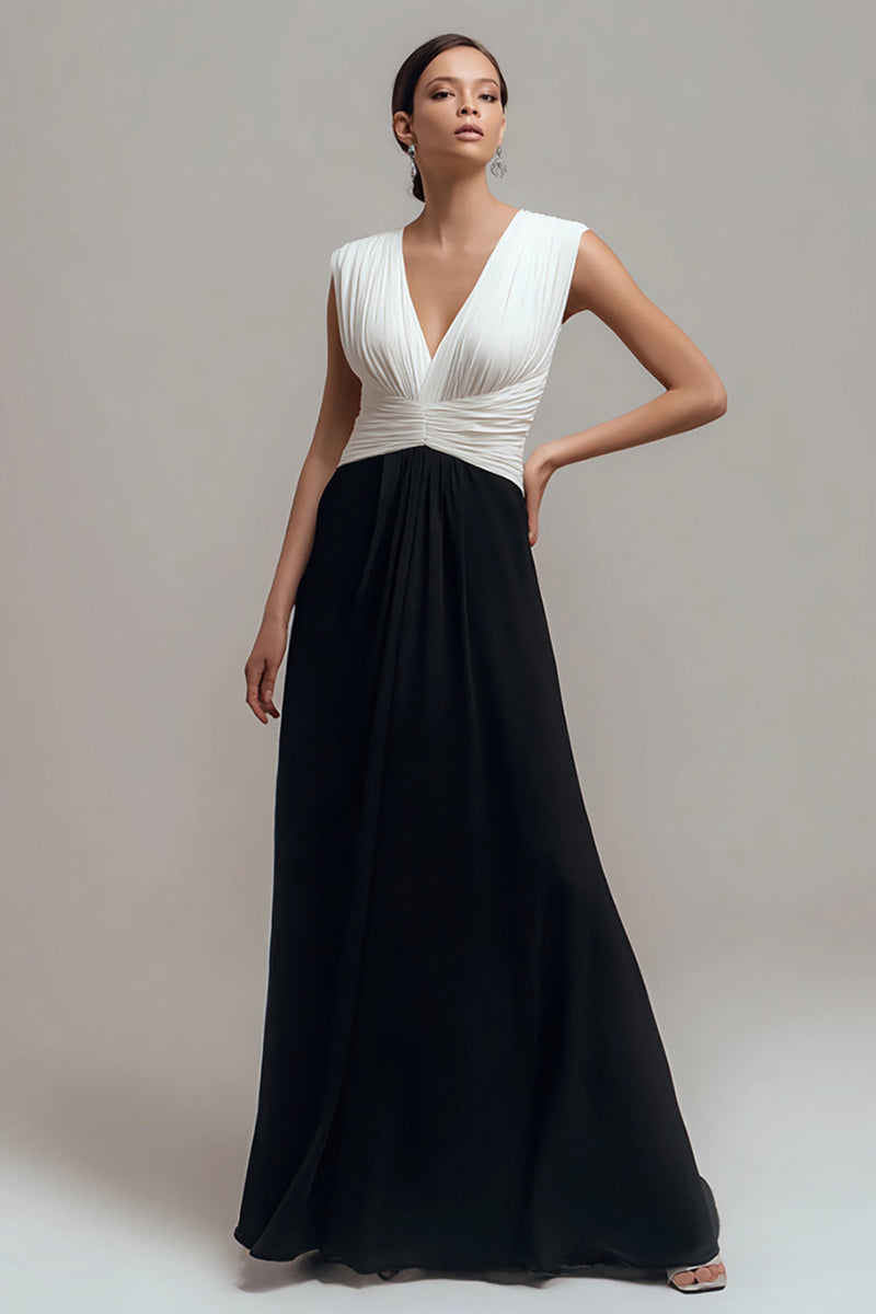 Load image into Gallery viewer, Chiffon Black and White Sheath V Neck Long Formal Dress