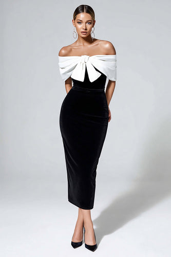 Black and White Bodycon Velvet Maxi Cocktail Dress with Bow