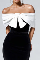 Load image into Gallery viewer, Black and White Bodycon Velvet Maxi Cocktail Dress with Bow