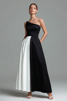 Load image into Gallery viewer, Black and White Satin Patchwork A Line Long Formal Dress
