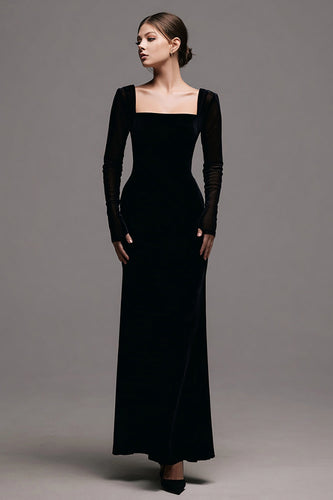 Simple Black Velvet Sheath Long Sleeves Formal Dress