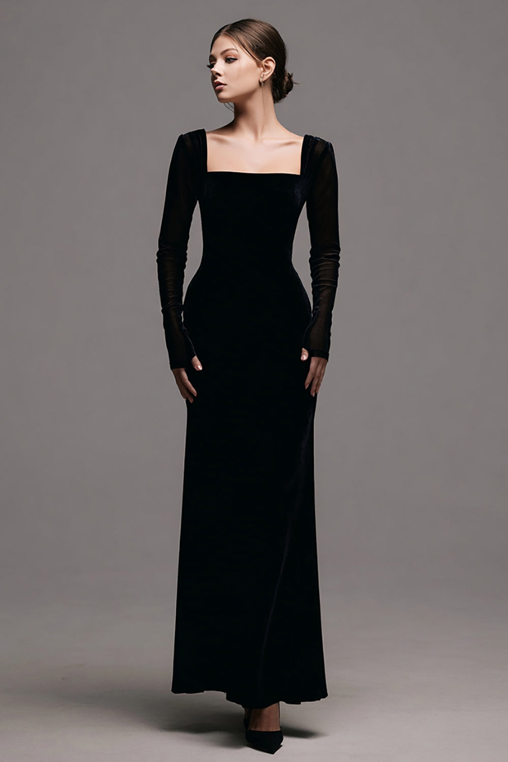 Simple Black Velvet Sheath Long Sleeves Formal Dress