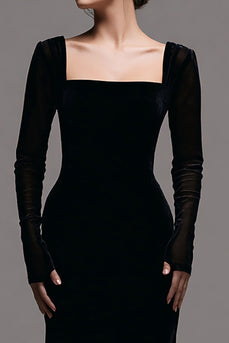 Simple Black Velvet Sheath Long Sleeves Formal Dress