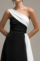 Load image into Gallery viewer, Satin A Line Black and White Long Formal Dress