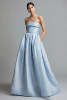 Load image into Gallery viewer, Simple Sky Blue Satin A Line Strapless Long Formal Dress