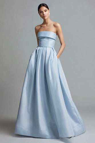 Simple Sky Blue Satin A Line Strapless Long Formal Dress