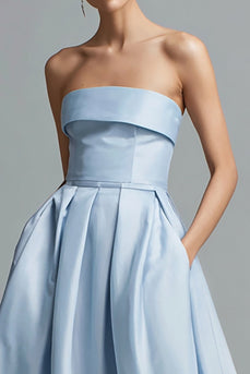 Simple Sky Blue Satin A Line Strapless Long Formal Dress