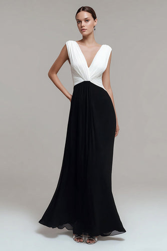 Black and White V Neck Chiffon Ruched Long Formal Dress