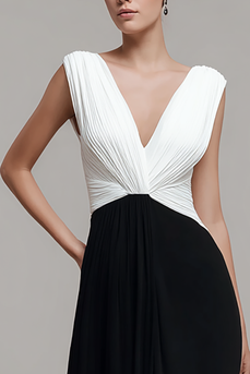 Black and White V Neck Chiffon Ruched Long Formal Dress