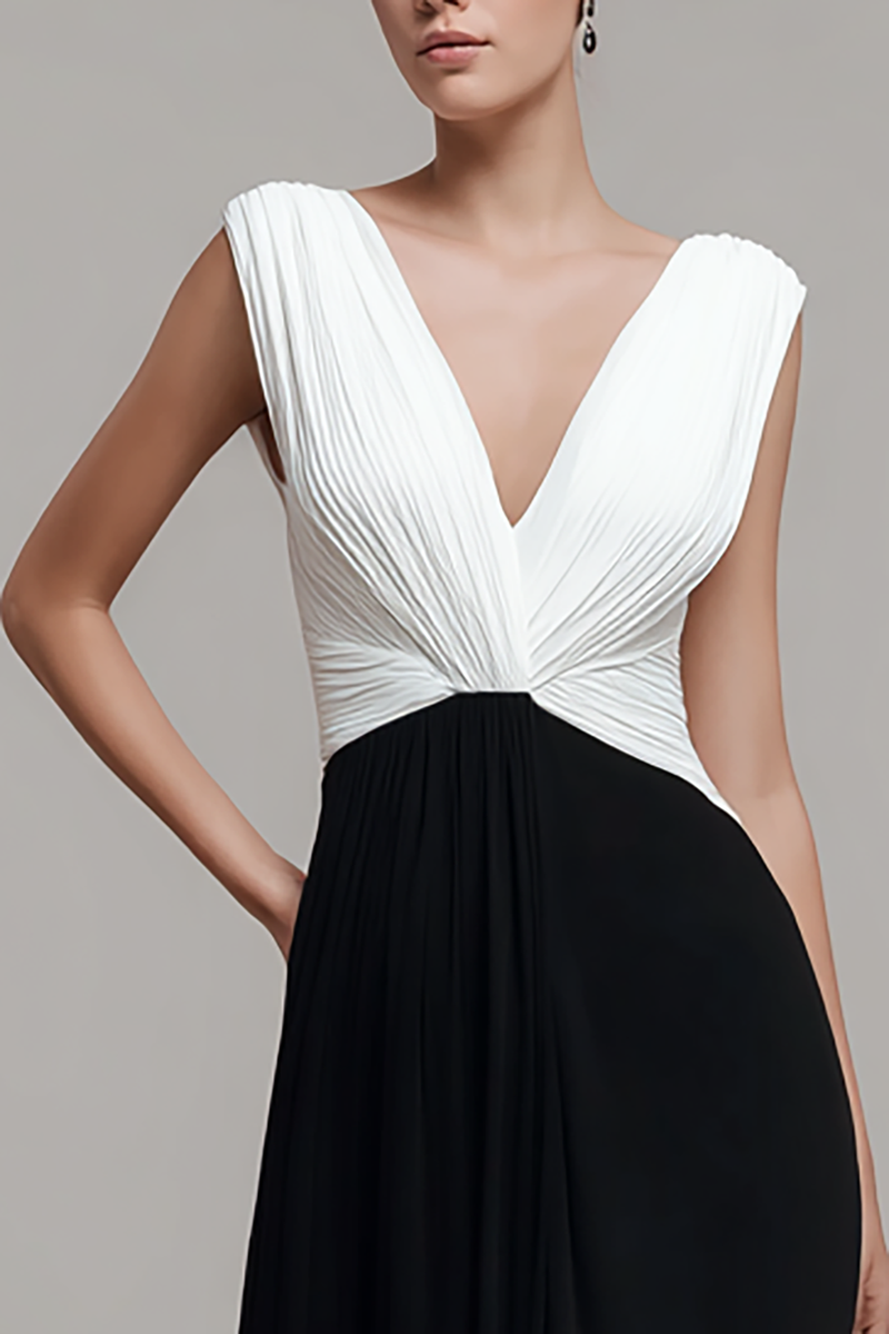 Load image into Gallery viewer, Black and White V Neck Chiffon Ruched Long Formal Dress