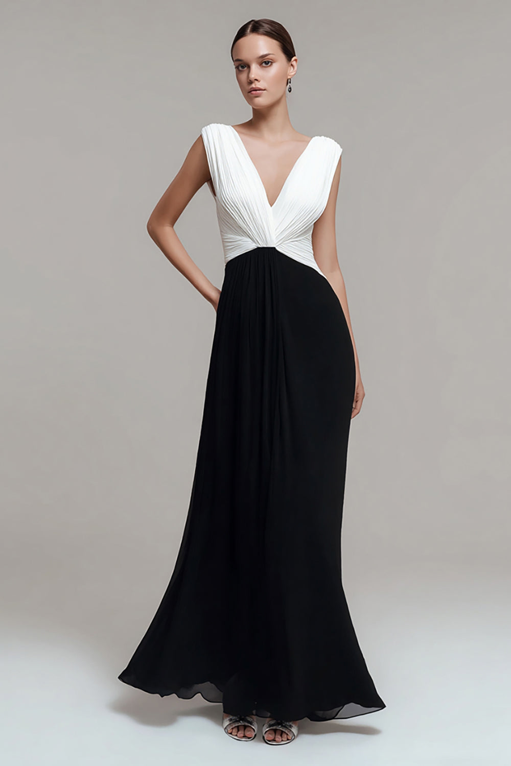Black and White V Neck Chiffon Ruched Long Formal Dress