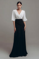 Load image into Gallery viewer, Chiffon Ruched Black and White Long Formal Dress with Sleeves