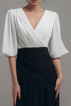 Chiffon Ruched Black and White Long Formal Dress with Sleeves