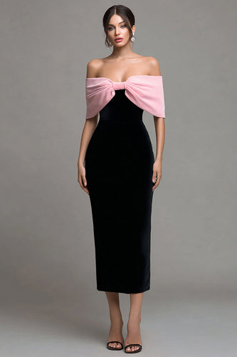 Black and Pink Velvet Bodycon Strapless Maxi Formal Dress with Bow