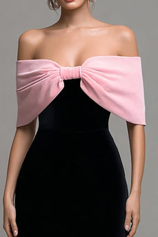 Black and Pink Velvet Bodycon Strapless Maxi Formal Dress with Bow