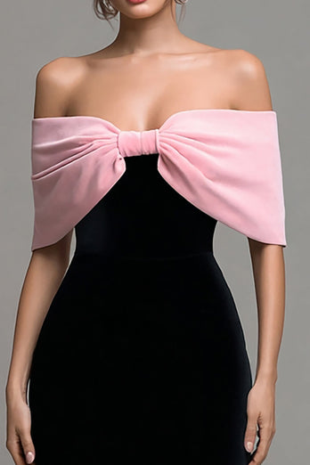 Black and Pink Velvet Bodycon Strapless Maxi Formal Dress with Bow