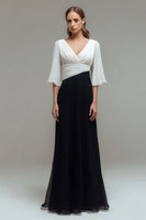 Load image into Gallery viewer, Black and White Ruched Chiffon Maxi Formal Dress with Sleeves