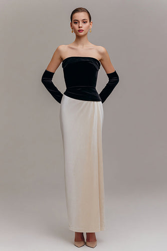 Black and Champagne Strapless Velvet Sheath Long Formal Dress