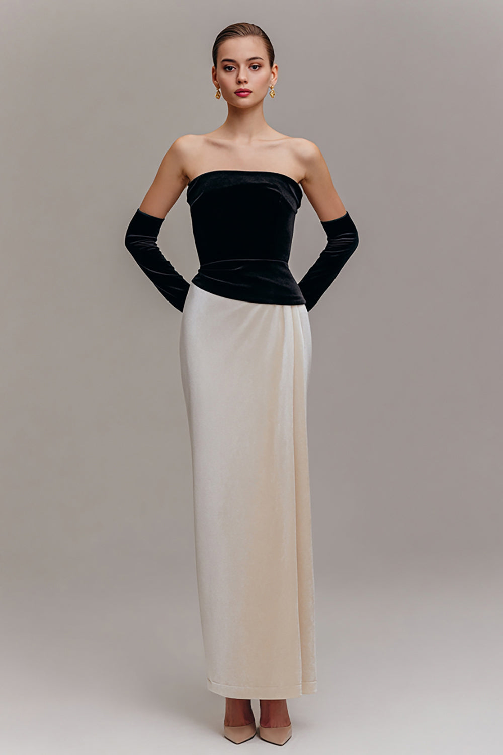 Black and Champagne Strapless Velvet Sheath Long Formal Dress