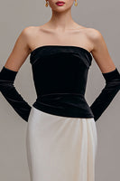 Load image into Gallery viewer, Black and Champagne Strapless Velvet Sheath Long Formal Dress