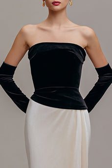 Black and Champagne Strapless Velvet Sheath Long Formal Dress