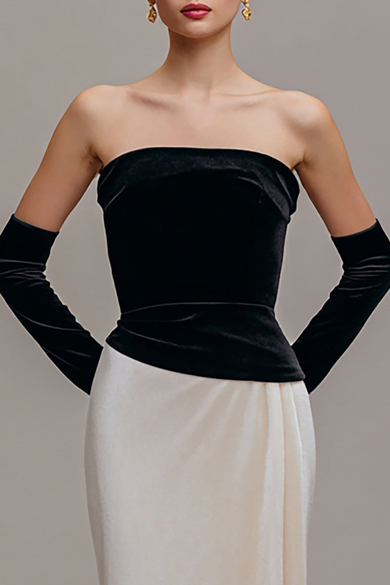 Load image into Gallery viewer, Black and Champagne Strapless Velvet Sheath Long Formal Dress