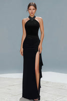 Load image into Gallery viewer, Black Sheath Ruched Halter Long Formal Dress with Slit
