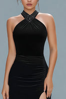 Load image into Gallery viewer, Black Sheath Ruched Halter Long Formal Dress with Slit
