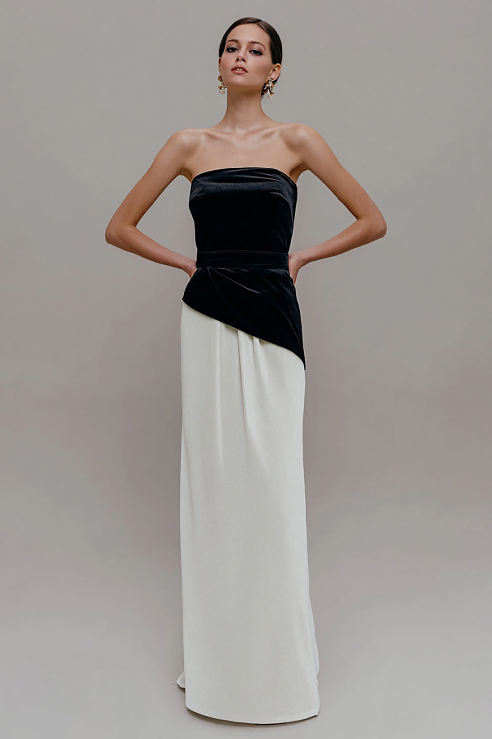 Black and White Velvet Sheath Patchwork Long Formal Dress