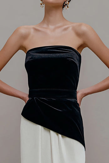 Black and White Velvet Sheath Patchwork Long Formal Dress