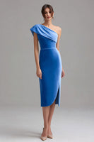 Load image into Gallery viewer, Blue Velvet One Shoulder Midi Bodycon Formal Dress with Slit