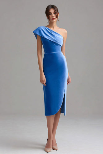 Blue Velvet One Shoulder Midi Bodycon Formal Dress with Slit