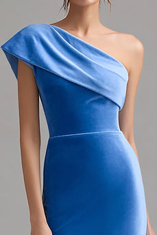 Blue Velvet One Shoulder Midi Bodycon Formal Dress with Slit