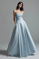 Load image into Gallery viewer, Sky Blue Satin Strapless Ruched A Line Long Formal Dress