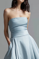 Load image into Gallery viewer, Sky Blue Satin Strapless Ruched A Line Long Formal Dress