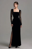 Load image into Gallery viewer, Black Sheath Velvet Long Sleeves Formal Dress with Slit