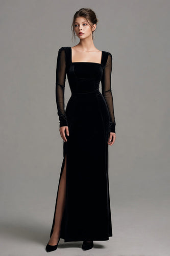 Black Sheath Velvet Long Sleeves Formal Dress with Slit