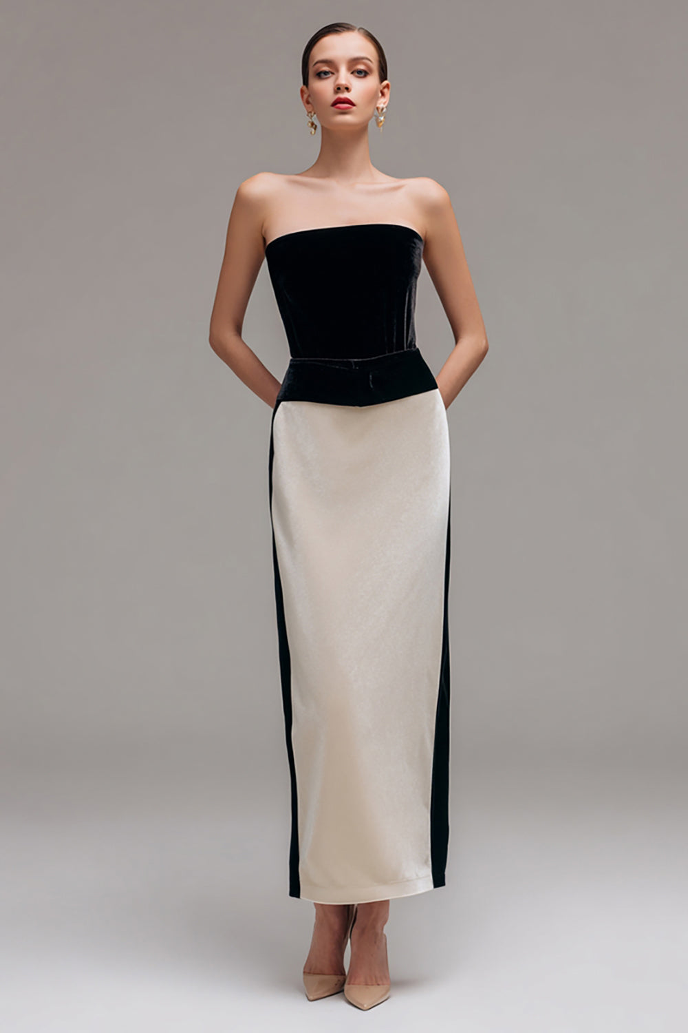 Black and Champagne Sheath Patchwork Long Formal Dress