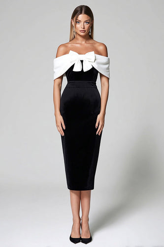 Black and White Bodycon Off the Shoulder Midi Formal Dress with Bow