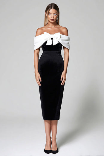 Black and White Bodycon Off the Shoulder Midi Formal Dress with Bow