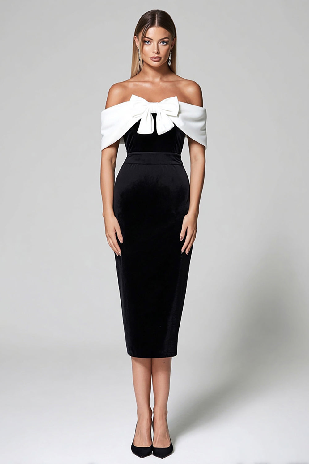 Black and White Bodycon Off the Shoulder Midi Formal Dress with Bow
