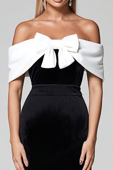 Black and White Bodycon Off the Shoulder Midi Formal Dress with Bow