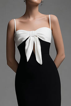 Black and White Sheath Spaghetti Straps Bow Long Formal Dress with Slit