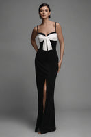 Load image into Gallery viewer, Sheath Black and White Bow Spaghetti Straps Long Formal Dress with Slit