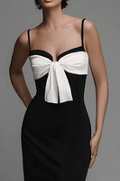 Load image into Gallery viewer, Sheath Black and White Bow Spaghetti Straps Long Formal Dress with Slit