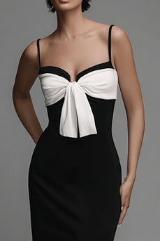 Sheath Black and White Bow Spaghetti Straps Long Formal Dress with Slit