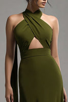 Load image into Gallery viewer, Olive Satin Halter Keyhole Long Formal Dress with Cape