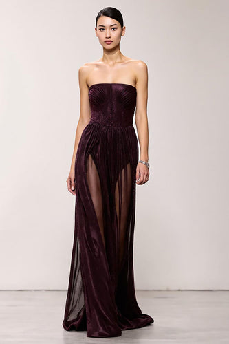 Simple Coffee Strapless A-Line Long Formal Dress