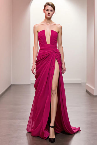 Pink Strapless Ruched Maxi Formal Dress with Slit